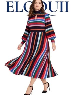 28W Eloquii A-line Balloon Sleeve Striped Dress with Tie Neck
